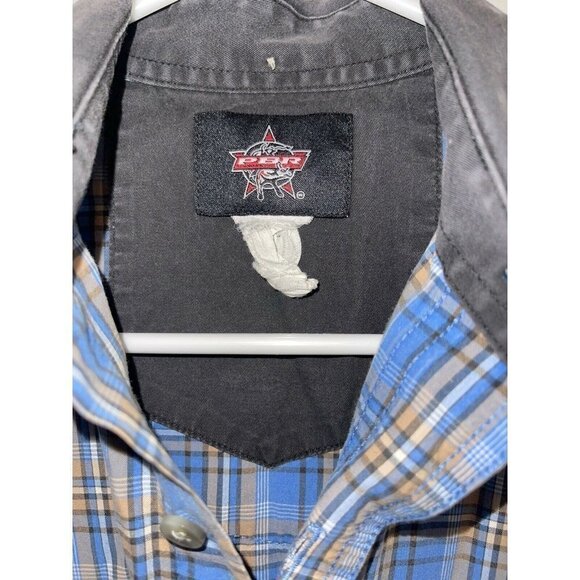 𝅺WRANGLER PBR Rodeo Western  Shirt Blue Plaid Mens Medium 1C - Picture 3 of 6
